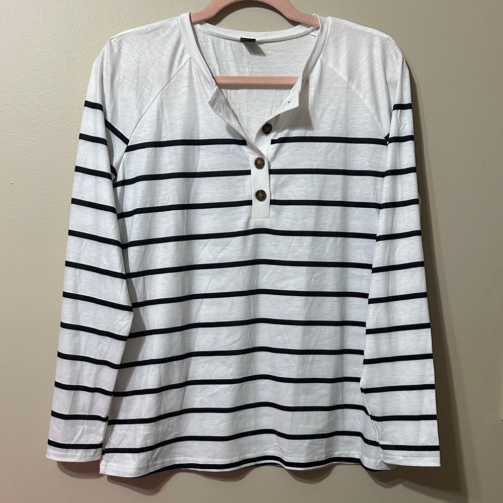 SHEIN Striped Black & White Long Sleeve Henley
